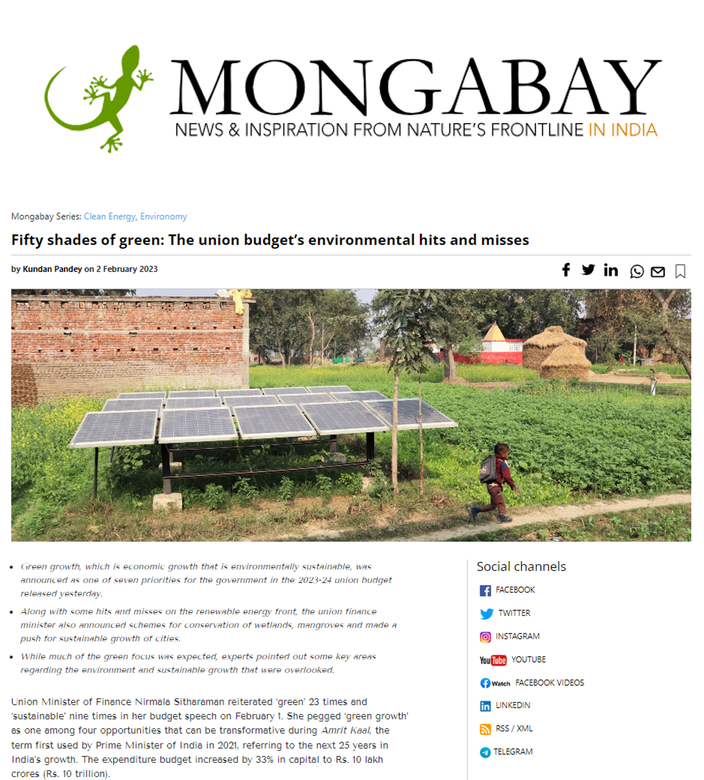 Dr Indu K Murthy quoted by Mongabay India on the impact of the union budget on the environment